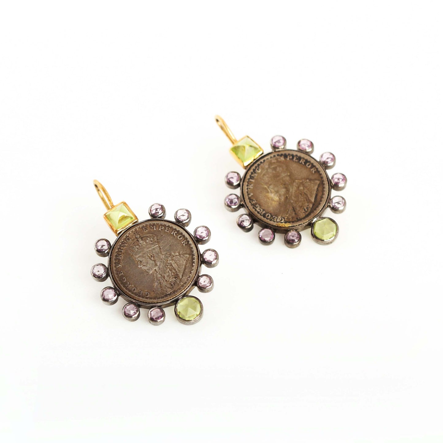 The Mahika SiGo Silver Gold, Silver coin, Pink Sapphire and Peridot Hook Earrings by Rasvihar