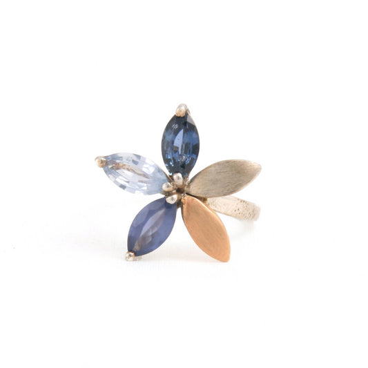 The Ishanvi SiGo Silver Gold and Blue Sapphire Ring by Rasvihar