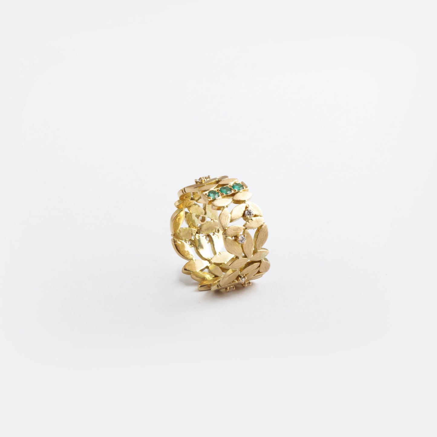 The Chandini Leaf Series Gold, Diamond and Emerald Ring by Rasvihar