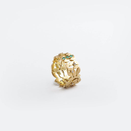 The Chandini Leaf Series Gold, Diamond and Emerald Ring by Rasvihar