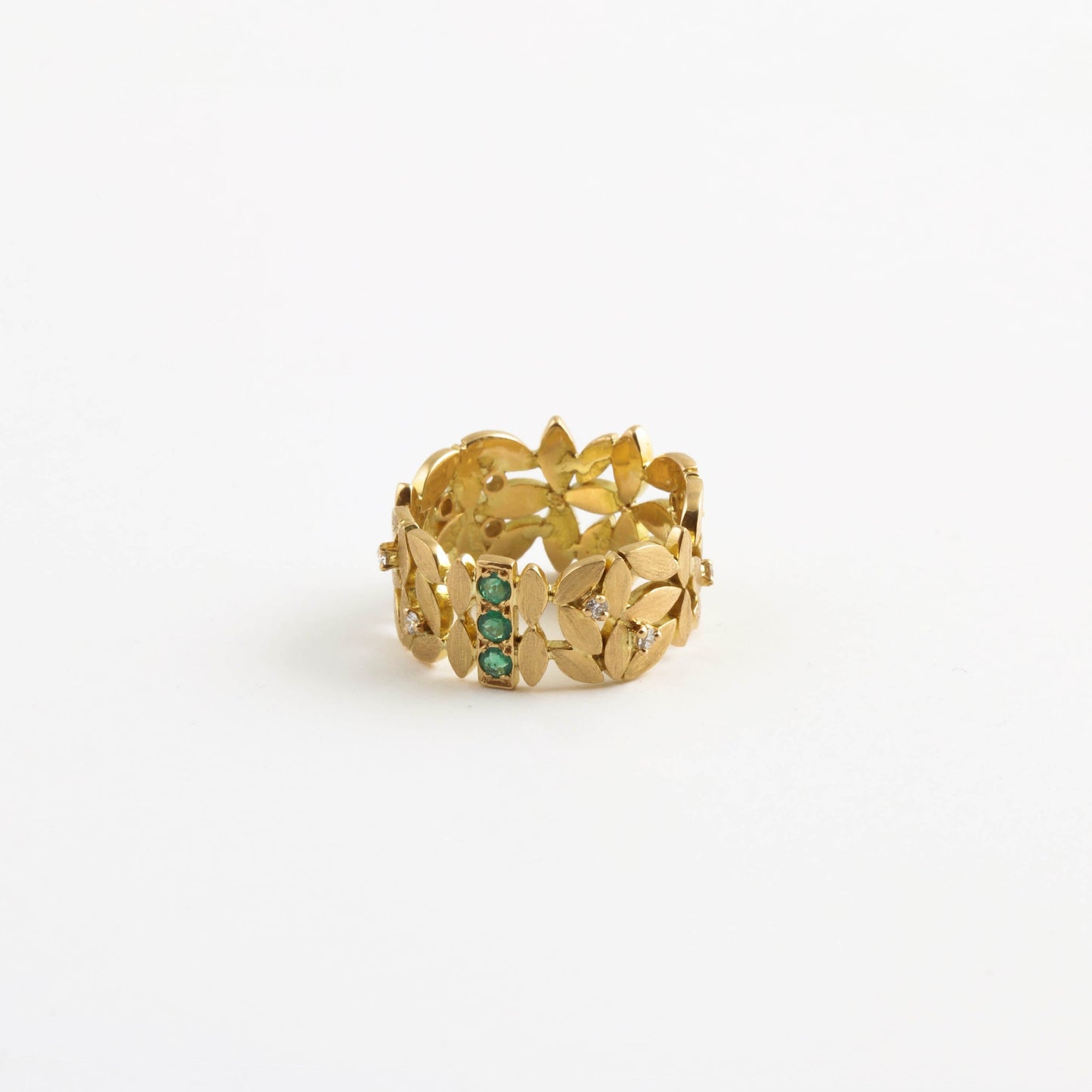 The Chandini Leaf Series Gold, Diamond and Emerald Ring by Rasvihar