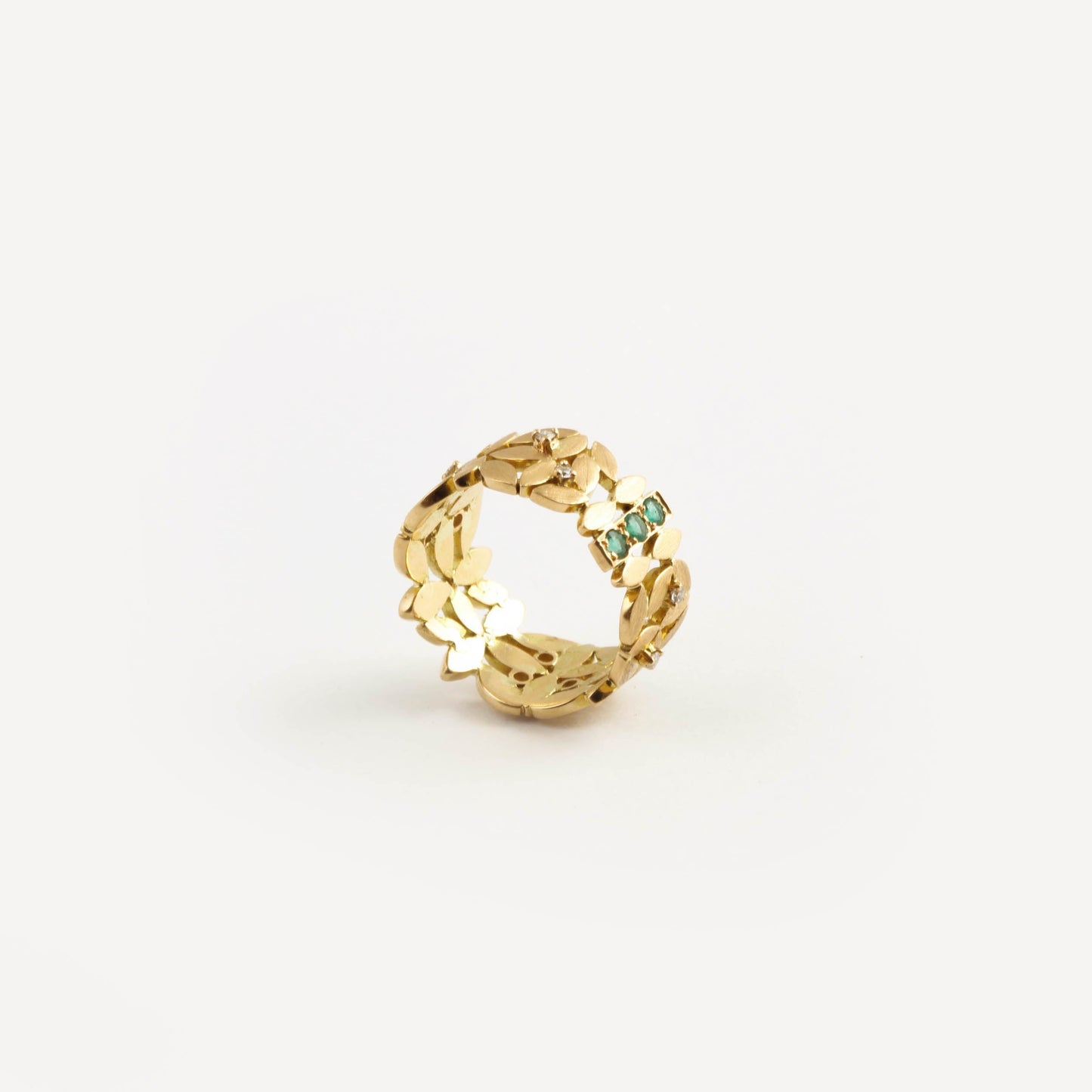 The Chandini Leaf Series Gold, Diamond and Emerald Ring by Rasvihar