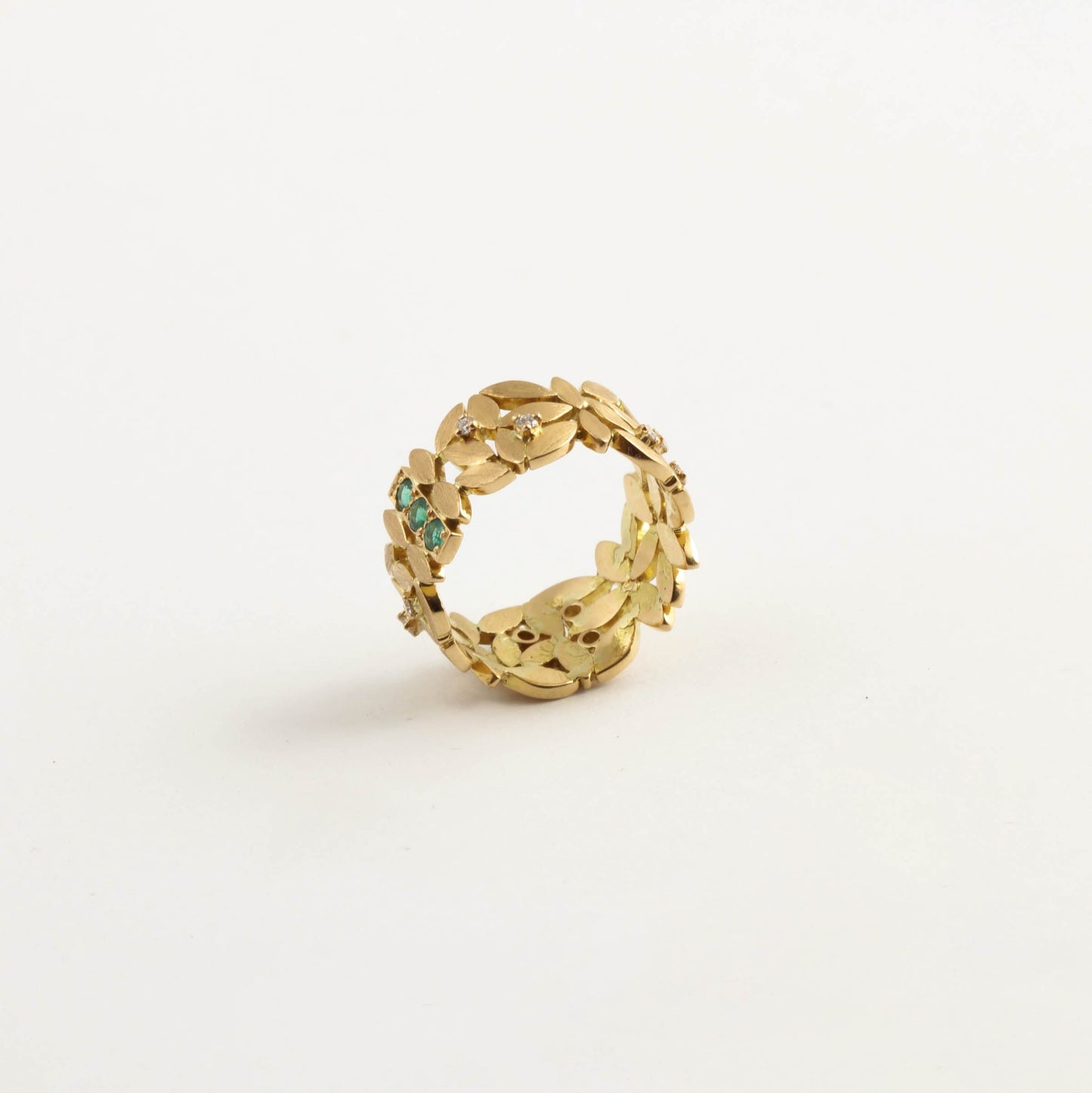 The Chandini Leaf Series Gold, Diamond and Emerald Ring by Rasvihar